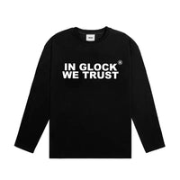 Mens Y2K "IN GLOCK WE TRUST" Graphic Long Sleeve Top T Shirt — vista posteriore