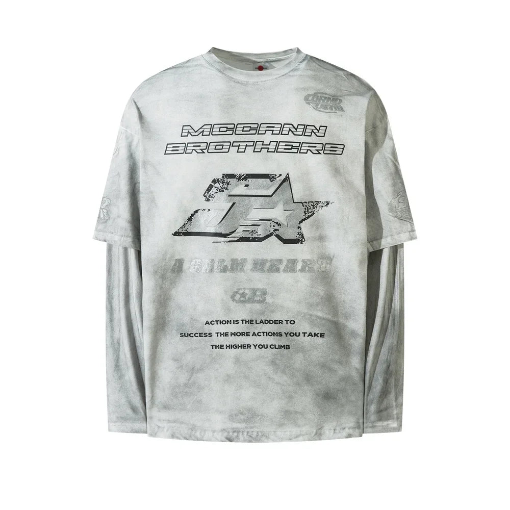 Mock Layered Y2K Racing Graphic Long Sleeve Top — vista posteriore