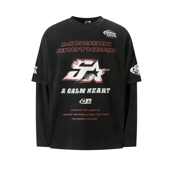Mock Layered Y2K Racing Graphic Long Sleeve Top — vista frontale
