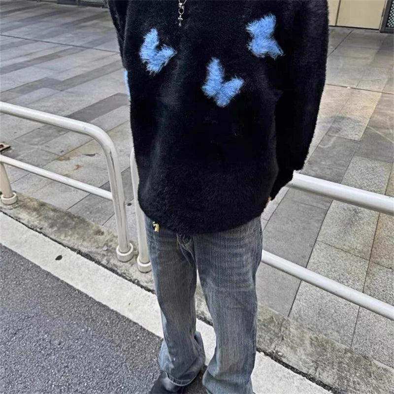 Mohair Y2K Blue Butterfly Knitted Cosy Jumper Sweater — dettaglio