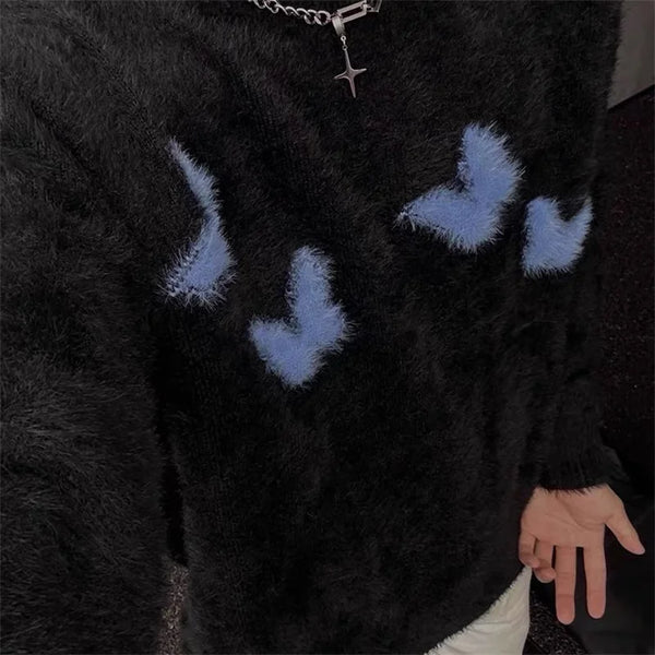 Mohair Y2K Blue Butterfly Knitted Cosy Jumper Sweater — vista frontale