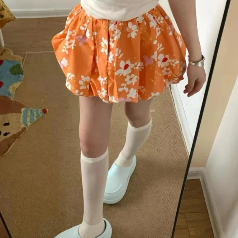Orange Y2K High Waist Puffy Floral Mini Skirt — vista posteriore