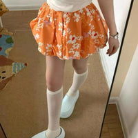 Orange Y2K High Waist Puffy Floral Mini Skirt — vista posteriore