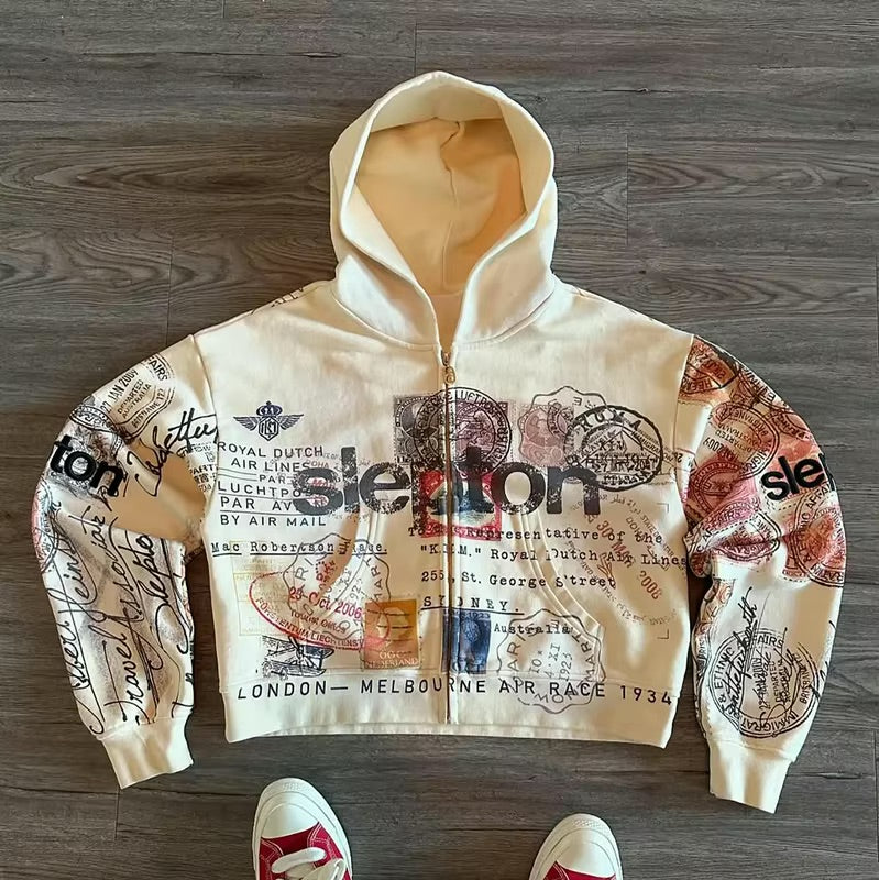 Passport Stamps Y2K Graphic Zip Up Hoodie — vista frontale
