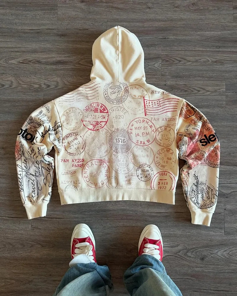 Passport Stamps Y2K Graphic Zip Up Hoodie — vista posteriore