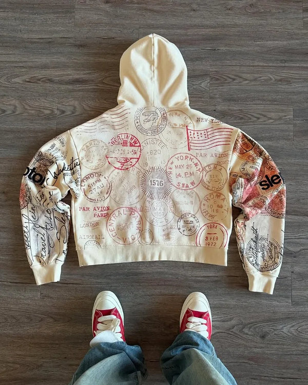 Passport Stamps Y2K Graphic Zip Up Hoodie