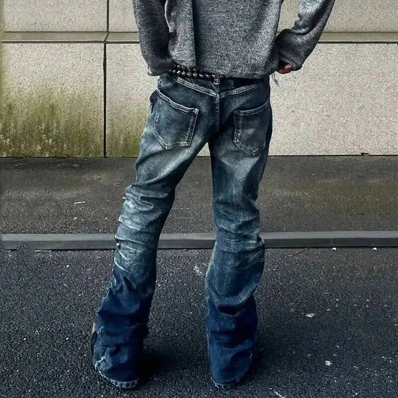 Pleated Y2K Mens Washed Denim Flared Jeans — in alternativa