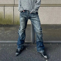 Pleated Y2K Mens Washed Denim Flared Jeans — vista frontale
