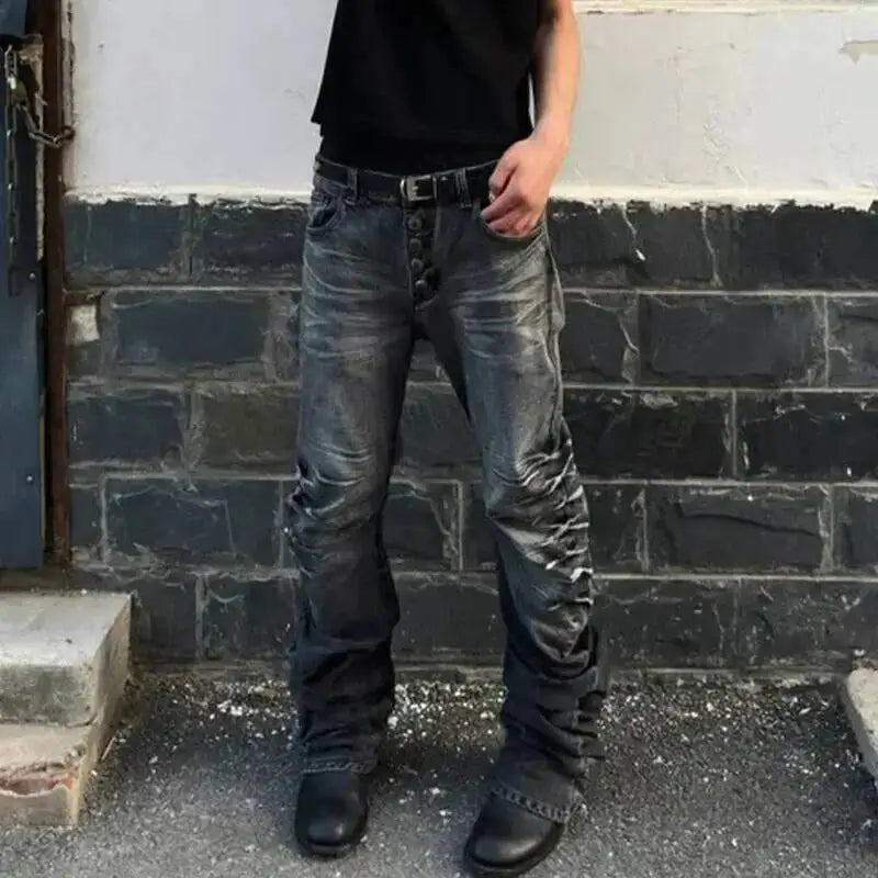 Pleated Y2K Mens Washed Denim Flared Jeans — vista posteriore