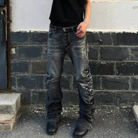 Pleated Y2K Mens Washed Denim Flared Jeans — vista posteriore