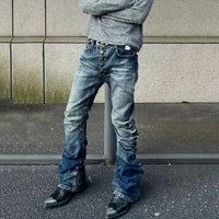 Pleated Y2K Mens Washed Denim Flared Jeans — dettaglio