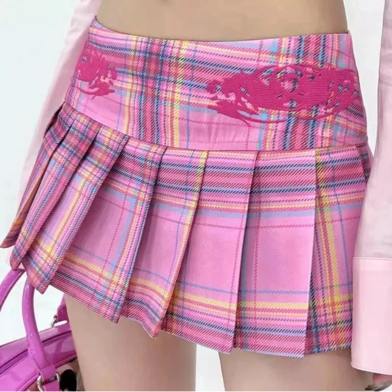 Preppy Y2K Pink Plaid Pleated Mini Skirt — vista posteriore