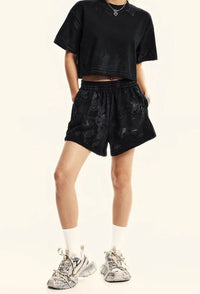 Rerto Womens Y2K Cotton Gym Shorts — dettaglio della stampa
