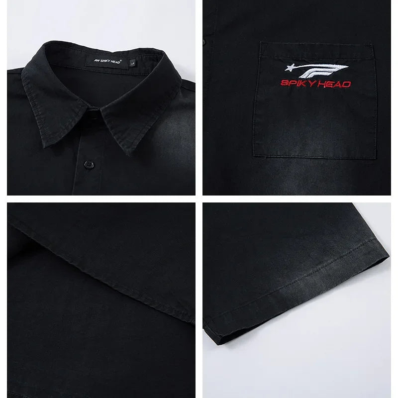 Retro American Embroidered Short Sleeve Work Shirt — dettaglio