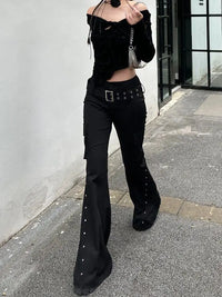 Retro Grunge Y2K Rivet Design Belt Flared Jeans — dettaglio della stampa