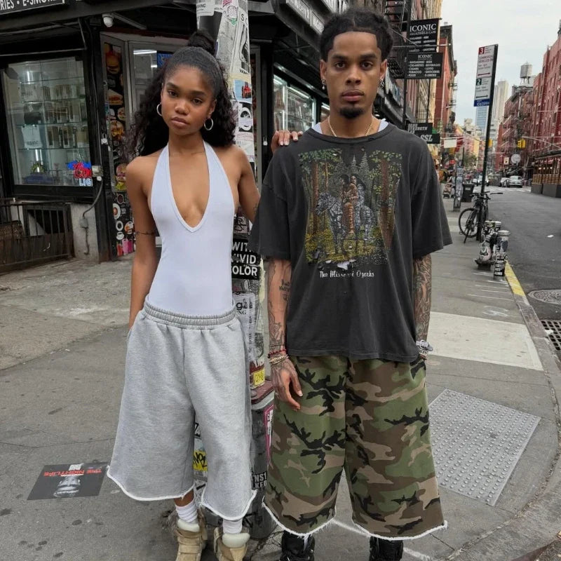 Retro Y2K Camouflage Print Baggy Jogger Shorts Jorts — dettaglio della stampa
