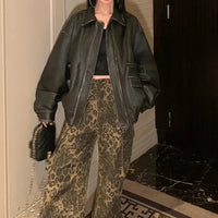 Retro Y2K Oversized Distressed Brown Faux Leather Jacket — vista laterale