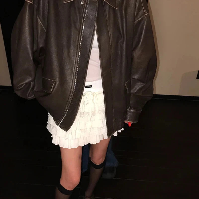 Retro Y2K Oversized Distressed Brown Faux Leather Jacket — in alternativa