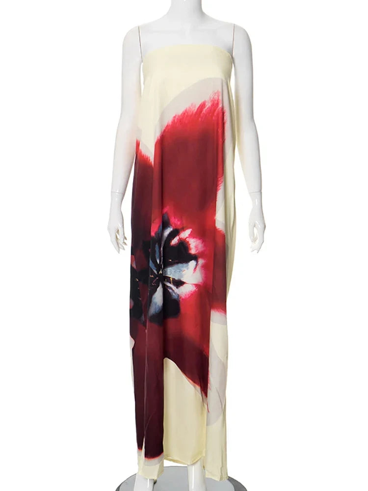Sexy Strapless Floral Print Maxi Summer Dress — vista completa
