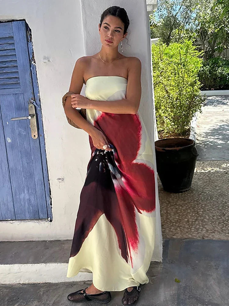 Sexy Strapless Floral Print Maxi Summer Dress — dettaglio