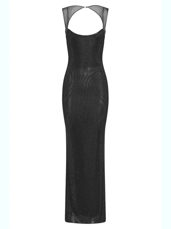 Sexy Y2K Square Collar Mesh Rhinestone Diamond Backless Maxi Dress — vista frontale