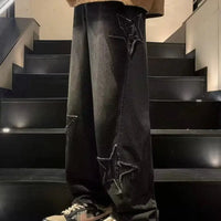 Star Embroidered Y2K Baggy Straight Leg Washed Jeans — vista frontale