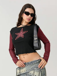 Striped Y2K Star Graphic Cropped Long Sleeve Top — vista posteriore