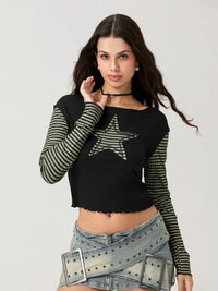 Striped Y2K Star Graphic Cropped Long Sleeve Top — dettaglio della stampa