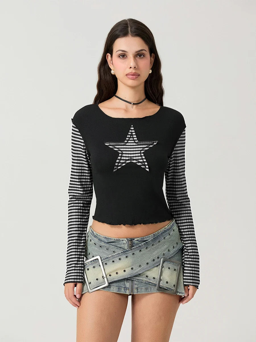 Striped Y2K Star Graphic Cropped Long Sleeve Top — in alternativa