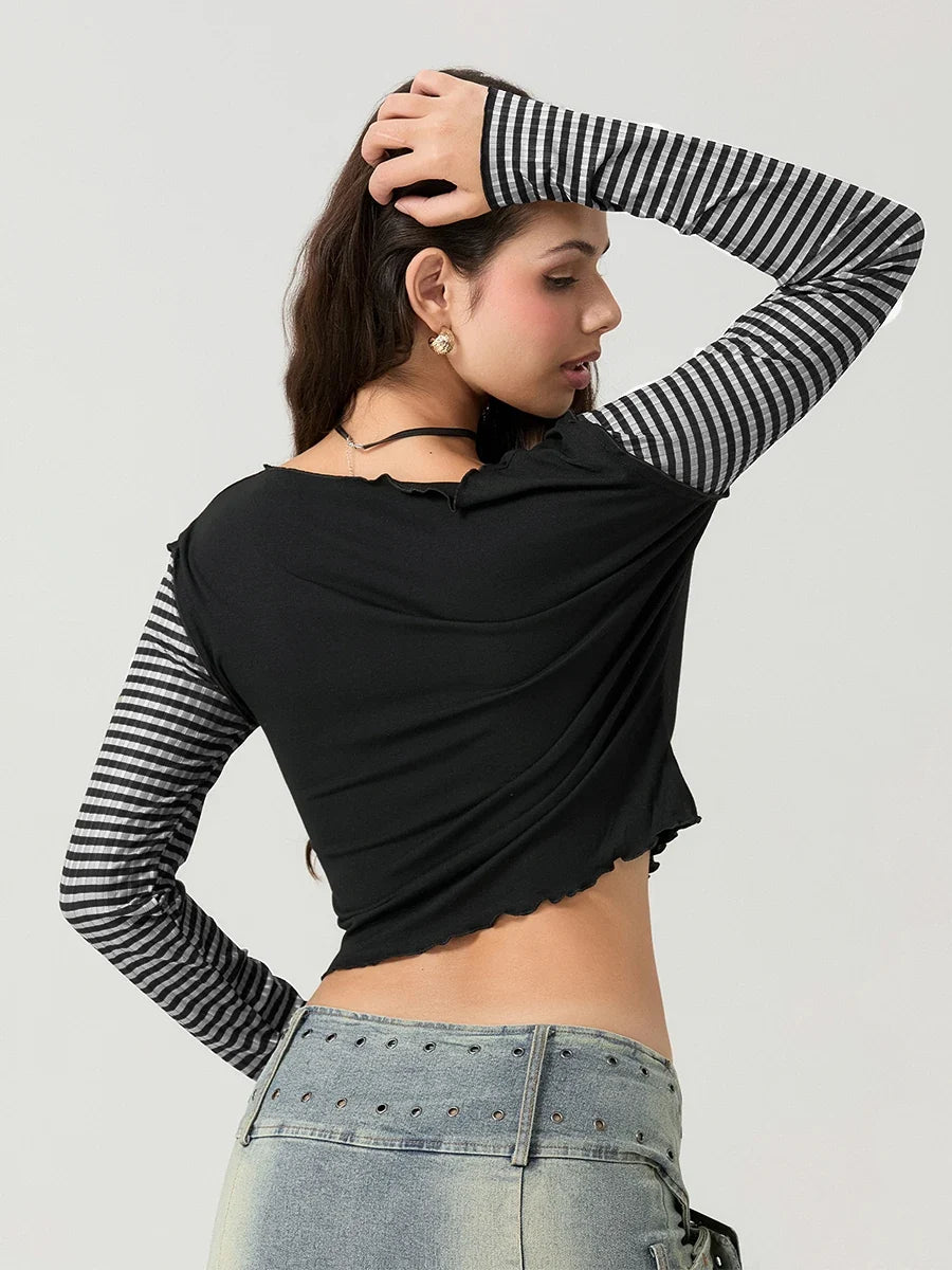 Striped Y2K Star Graphic Cropped Long Sleeve Top — vista laterale
