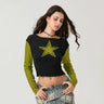 Striped Y2K Star Graphic Cropped Long Sleeve Top