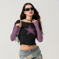 Striped Y2K Star Graphic Cropped Long Sleeve Top — dettaglio della stampa