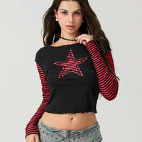 Striped Y2K Star Graphic Cropped Long Sleeve Top — vista frontale