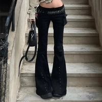 Studded Y2K Gothic Black High Waist Flare Jeans — vista frontale