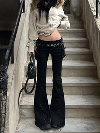 Studded Y2K Gothic Black High Waist Flare Jeans — vista posteriore