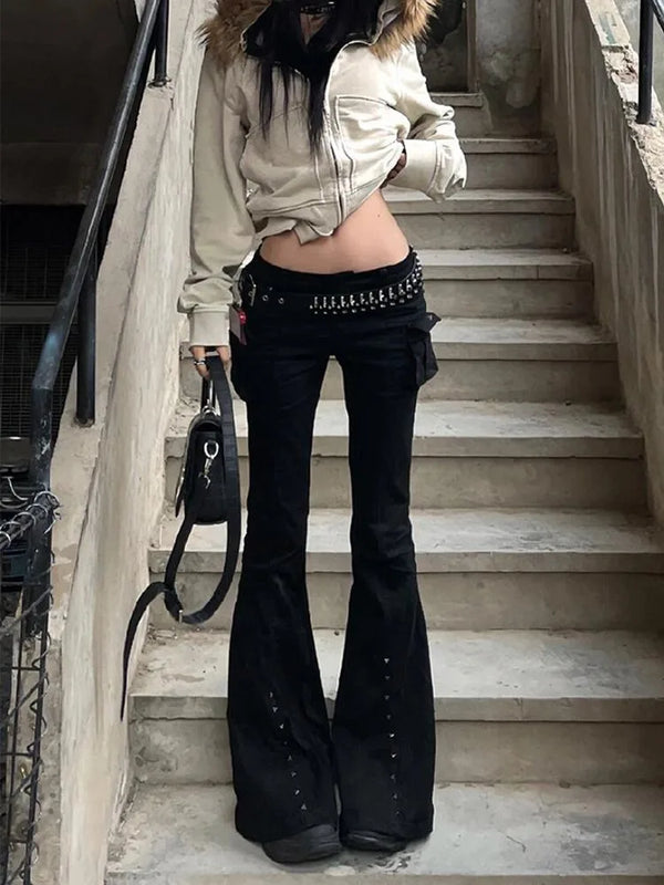 Studded Y2K Gothic Black High Waist Flare Jeans