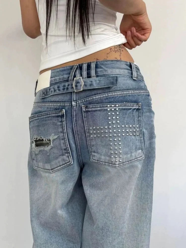 Summer Y2K Washed Distressed Baggy Rhinestone Jeans — dettaglio della stampa