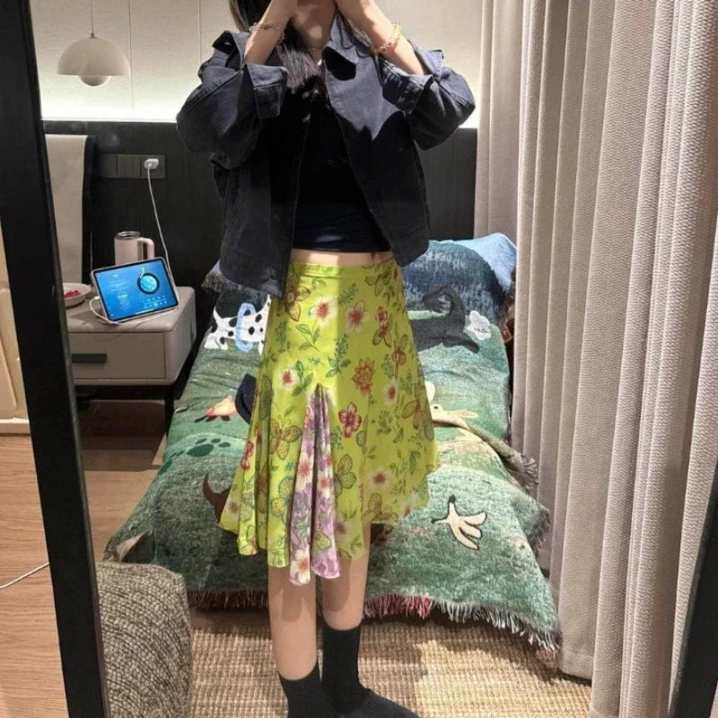 Sweet Green Y2K Vintage High Waist Floral Midi Skirt — vista laterale