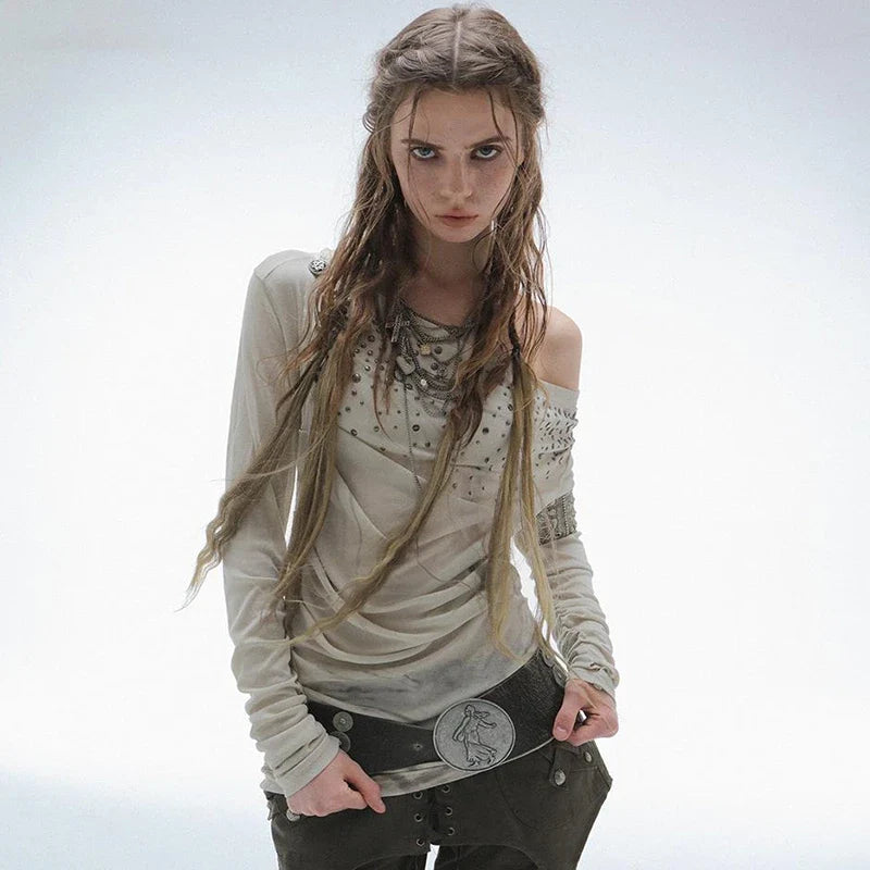 Trashy Grunge Y2K Off Shoulder Long Sleeve Top — vista frontale