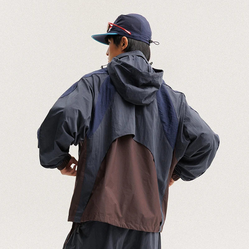 Unisex Y2K Baggy Outdoor Splice Design Hooded Waterproof Jacket Coat — vista frontale