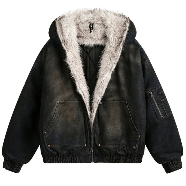 Vintage Denim Y2K Faux Fur Parka Padded Jacket Coat — vista frontale