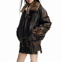 Vintage Distressed Y2K Brown Faux Leather and Fur Jacket — vista frontale