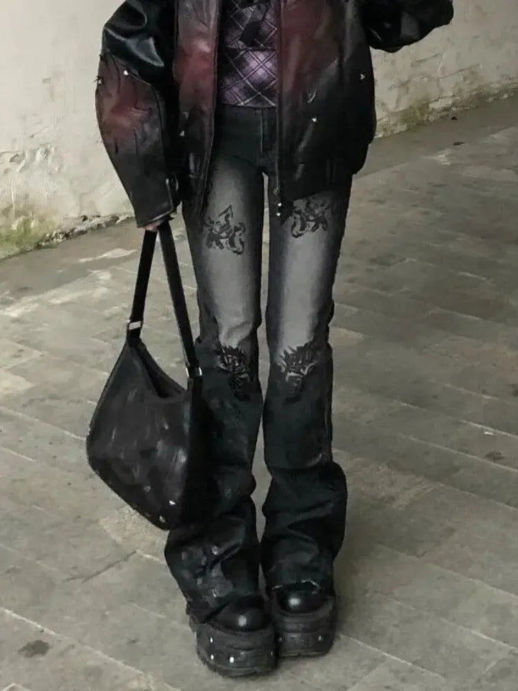 Vintage Gothic Y2K Low Waist Floral Embroidered Jeans — dettaglio della stampa