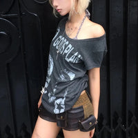 Vintage Grunge Y2K Gods Plan Graphic Off Shoulder Top — vista posteriore