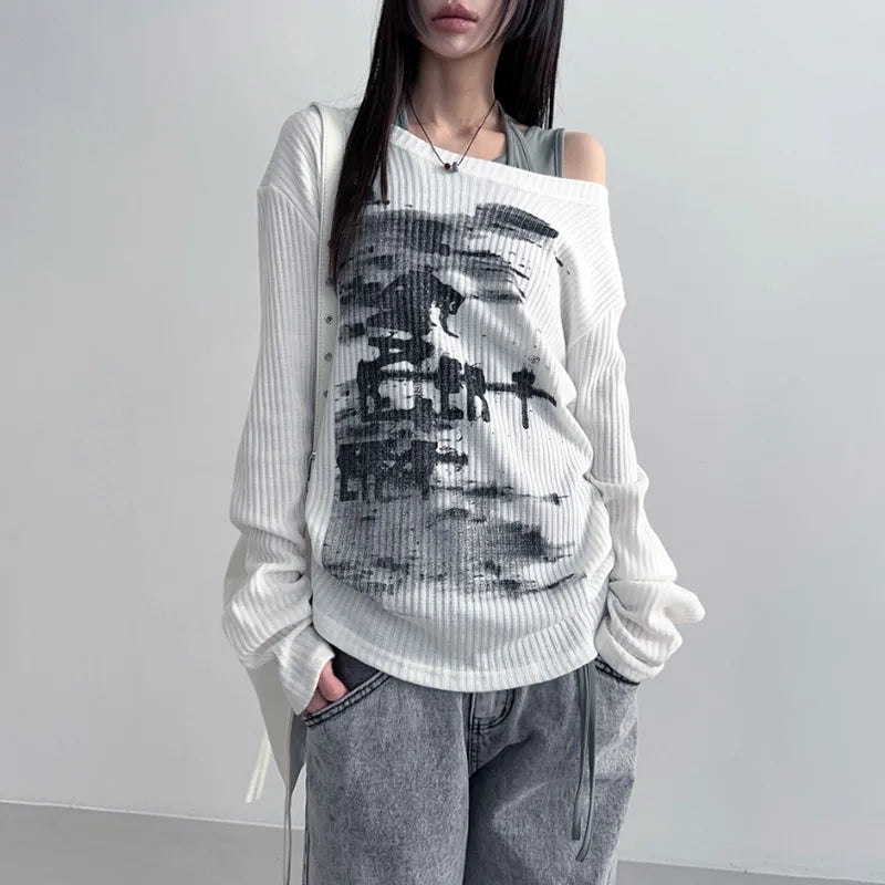 Vintage Print Graphic Y2K Long Sleeve Top — vista frontale