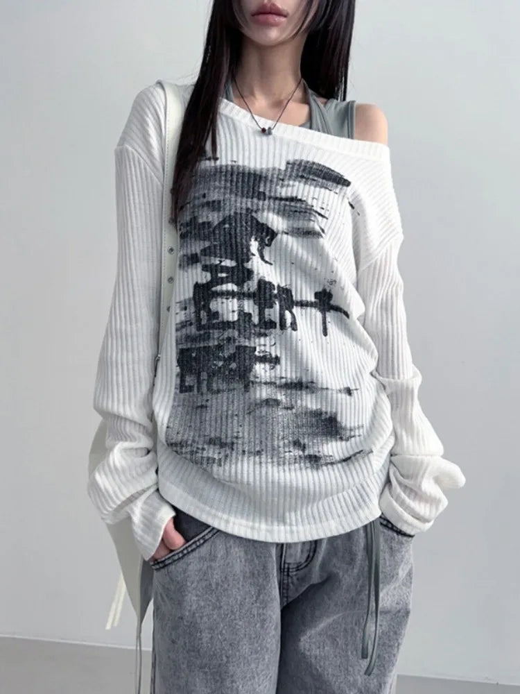 Vintage Print Graphic Y2K Long Sleeve Top — vista posteriore