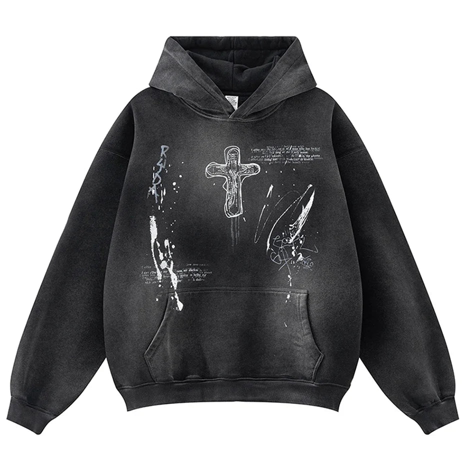Vintage Y2K Cross Graphic Distressed Baggy Hoodie — vista frontale