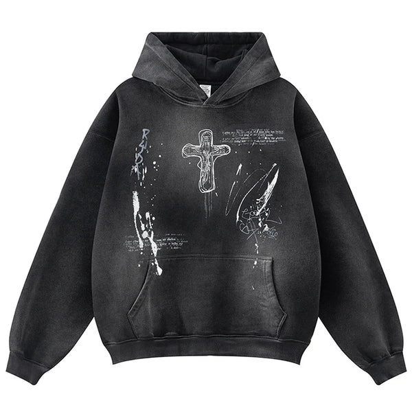 Vintage Y2K Cross Graphic Distressed Baggy Hoodie — vista frontale