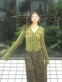 Vintage Y2K Green Striped Crop V Neck Cardigan — dettaglio