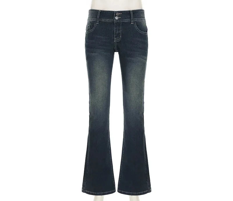 Vintage Y2K Retro Button Up Low Rise Denim Flared Jeans — vista frontale